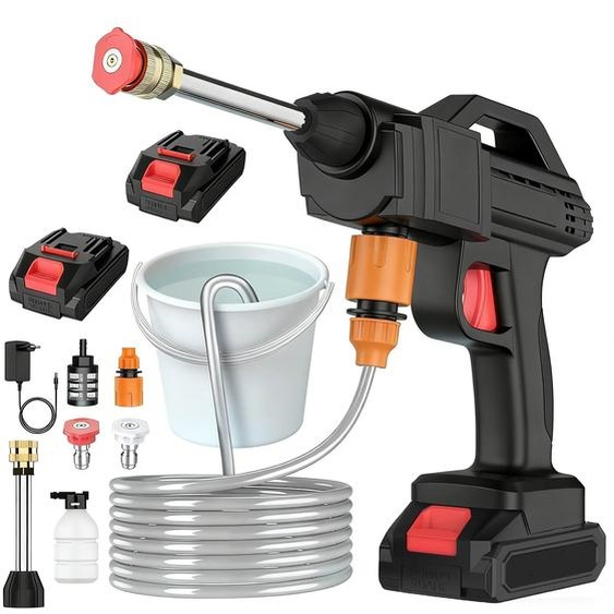 Nettoyeur haute pression sans fil - Pistolet de lavage portatif - 50 bars - Système 24 V - 2 batteries - Tuyau deau inclus - Modèle 3 - Rouge