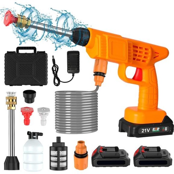 Nettoyeur haute pression sans fil - Pistolet de lavage pour voiture - 21 V - 2 batteries incluses - Tuyau de 5 m - Raccord en cuivre - Marron