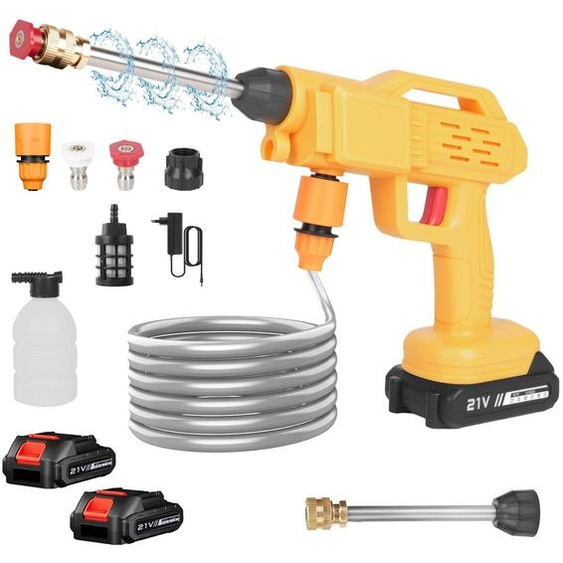Nettoyeur haute pression sans fil - Pistolet de lavage pour voiture - 50 bars - Auto-amorçage - 2 batteries de 6 000 mAh - Tuyau de 5 m - Jaune