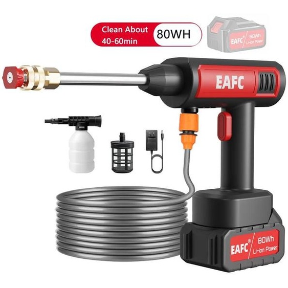 Nettoyeur haute pression sans fil - Pistolet de lavage - Pression de 60 bars - Batterie de 80 Wh - Tuyau de 5 à 10 m - Pièces en cuivre - Jet deau - Bleu