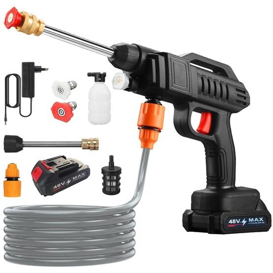 Nettoyeur haute pression sans fil - Pistolet de lavage sans fil 1500 W - 40–50 bars - Débit de 3,5 l/min - 2 batteries de 12 000 mAh - Tuyau de 5 m - Nettoyage de voiture et de jardin