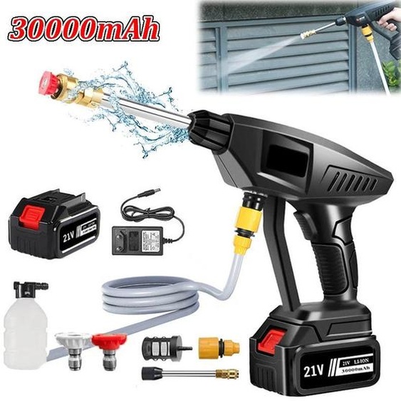 Nettoyeur haute pression sans fil - Pistolet haute pression - 60 bars - 1 batterie de 3000 mAh - Buse à mousse - Prise UE - Voiture, maison et jardin