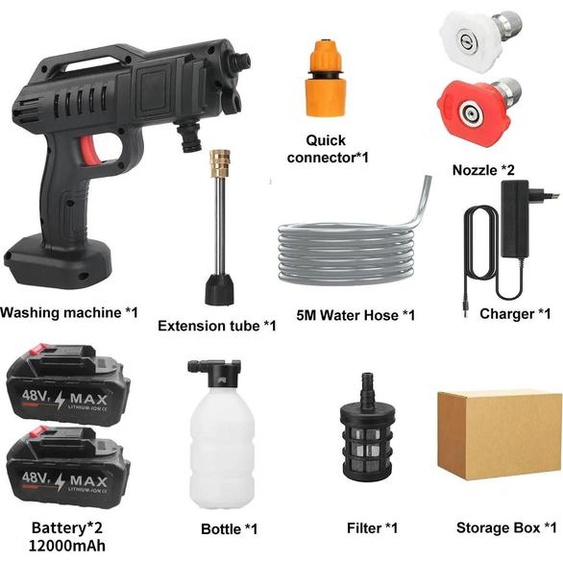 Nettoyeur haute pression sans fil - Pistolet haute pression à main - 1 500 W - Auto-amorçage - Réservoir à mousse et filtre - Pour le lavage de voiture - 2 batteries