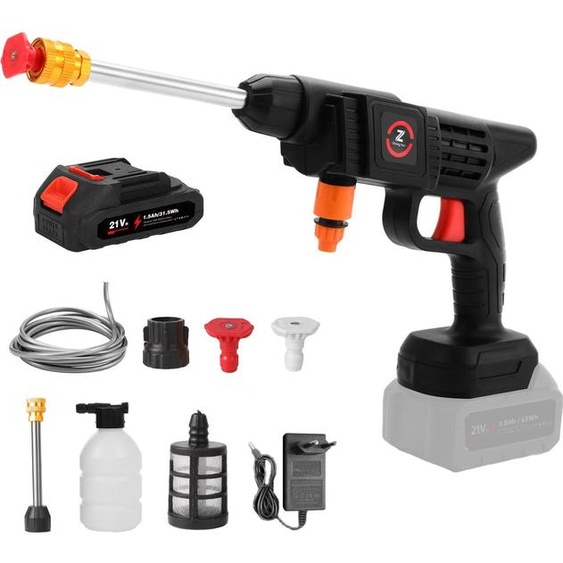 Nettoyeur haute pression sans fil - Pistolet haute pression pour voiture - 70 bars - Batterie 10 000 mAh incluse - Tuyau de 5 m - Buse réglable - Prise UE - Noir