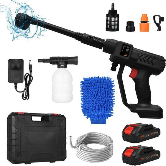 Nettoyeur haute pression sans fil - Pistolet manuel 21V pour le lavage de voiture - Sans fil - 2 batteries rechargeables - Avec gants - Noir