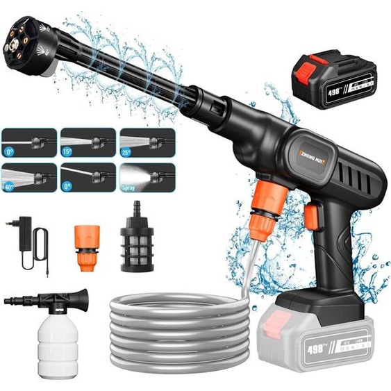 Nettoyeur haute pression sans fil - Pistolet nettoyeur haute pression - 25 bars - Buse 6 en 1 - Tuyau de 5 m - 1 batterie 20 000 mAh - Rouge