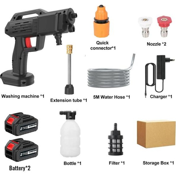 Nettoyeur haute pression sans fil - Pistolet pulvérisateur maniable 21 V - 1500 W - 50 bars - 2 batteries 12000 mAh - Avec tuyau - Pour voiture et jardin - Marron