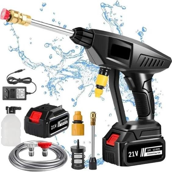 Nettoyeur haute pression sans fil - Pistolet pulvérisateur sans fil 60 bars - Batterie 30000 mAh incluse - Buse en cuivre - Avec tuyau darrosage - Pour voiture, moto, terrasse - Noir