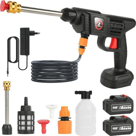 Nettoyeur haute pression sans fil pour voiture - Pistolet de lavage sans fil - 50 bars - 200 W - 2 batteries - Tuyau de 5 m - Portée de pulvérisation 7-10 m - Rouge