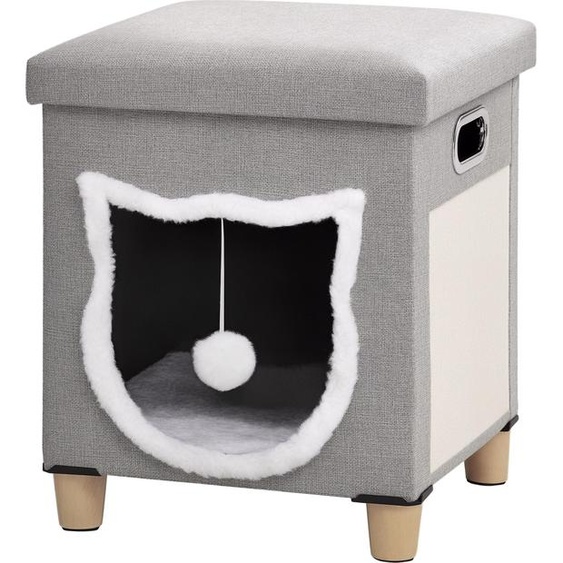 Niche chat interieur maison chat interieur 2 en 1 pied en bois coussin amovible lavable balle, 35,5x35,5x42,5cm, gris