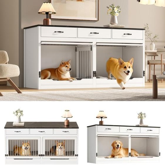 Niche pour chien Flieks avec 3 tiroirs et 2 portes, niche avec cloison amovible, cage pour 2 chiens, XXL, 164 x 60 x 81 cm, noir