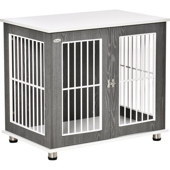 Niche pour chien Fortuna Lai en bois Caisse de transport avec surface de table et coussin, cage pour petits animaux, table dappoint, gris + blanc, 85 x 55 x 75 cm
