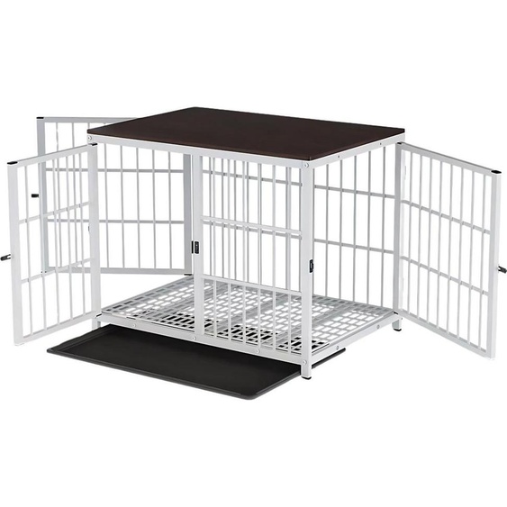 Niche pour chien lourde de style mobilier – Cage pour chien en métal avec plateau en bois – Cage pour chien avec 3 portes et bac amovible – Banc pour chien servant de table dappoint – Blanc – 107 cm