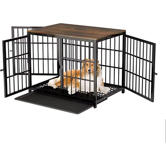 Niche pour chien Vaylen - Boxes lourds pour chiens - Pour animaux domestiques - Cage pour chien en métal avec aspect de meuble en bois - Hundebench - Noir - 107 cm