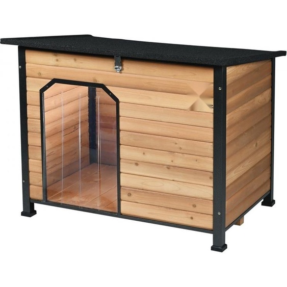 Niche pour chiens en plein air - Niche pour chiens étanche avec plancher surélevé - Niche pour chiens en bois résistante aux morsures avec cadre en fer - Toit ouvert - Pour chiens de taille moyenne à grande.