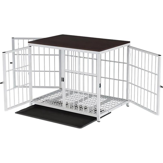 Niche pour chien Vaylen – 91 cm – Enclos pour chien en métal aspect bois – Blanc – 3 portes – Tiroir amovible