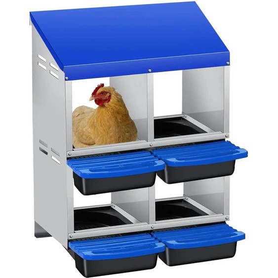 Nid à roulettes pour poules - Nid à 2 étages avec 4 compartiments - Acier inoxydable - Tiroir à ufs amovible - Ramassage des ufs - Bleu