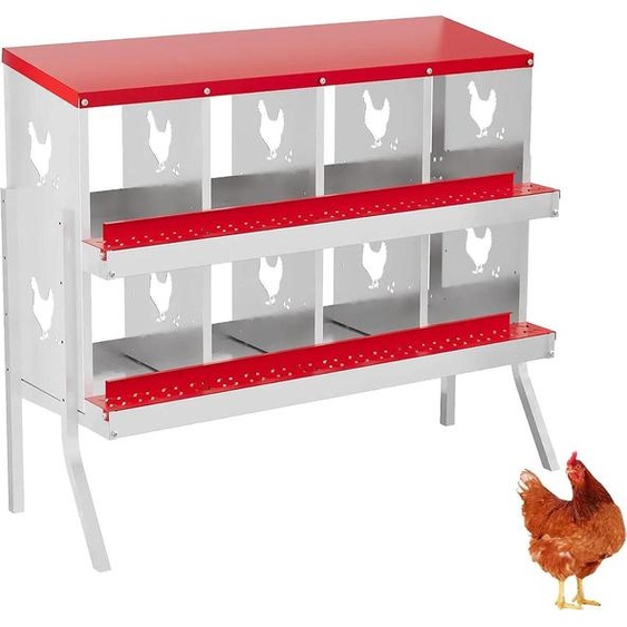 Nid pour poules pondeuses - 8 compartiments - Montage mural - Avec pieds - Acier inoxydable - Rouge