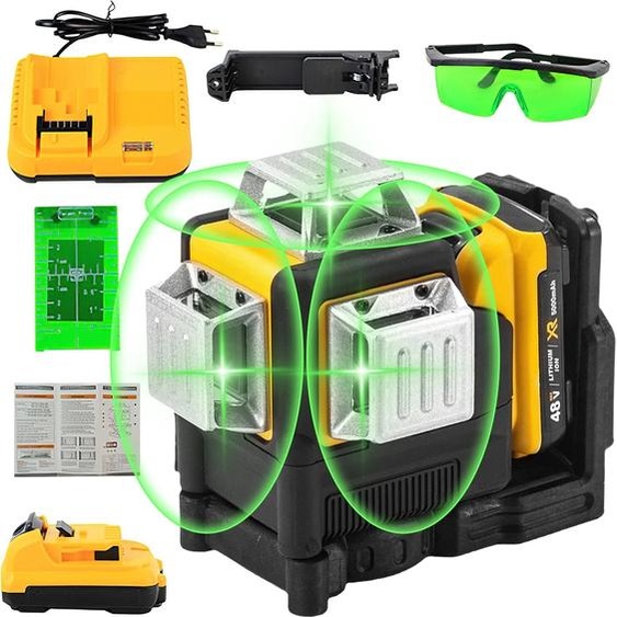 Niveau à bulle laser - Laser croisé 3D à 12 lignes - Autonivelant - 360° horizontal et vertical - Faisceau vert - Avec batterie - Marron