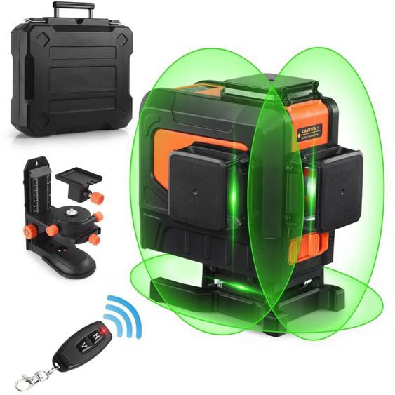Niveau laser 3 x 360 degrés Outil laser à lignes croisées vertes à nivellement automatique avec télécommande, mode impulsion, base magnétique
