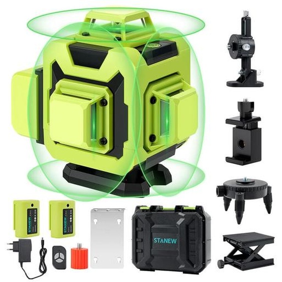 Niveau laser 4 x 360°STANEW, Autonivelant Niveau Laser Vert 4D, 16 Line Ligne Laser Verte Horizontal et Verticale, Avec Télécommande Intégrée