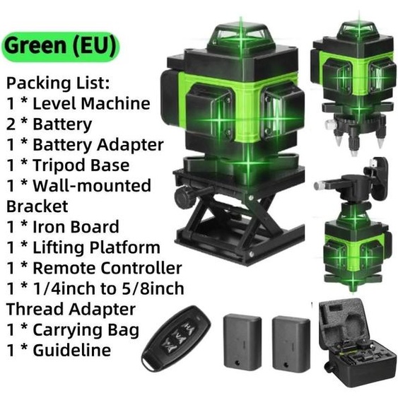 Niveau laser - 4D 16 lignes Type C - Vertical et horizontal - Auto-nivellement 3° - Laser vert - Batterie Li-Ion - Marron