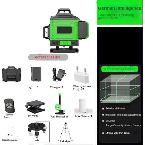 niveau laser 4D, précision verticale et horizontale, 6 heures de travail, IP54 anti-poussière, vert 16 ligne Avec boîte de trépied