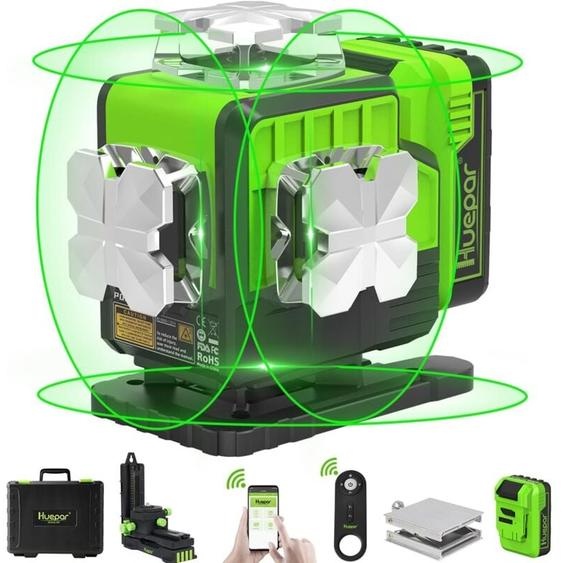 Niveau Laser Huepar 360 Autonivelant, Laser Croix Vert 4x360 avec Bluetooth, Outil Laser de Carrelage Horizontal/Vertical 4D 16 Lignes pour