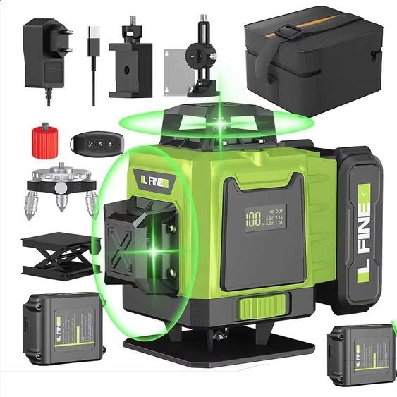 Niveau laser - Kit - Autonivelant 16 lignes - Batteries lithium rechargeables 2× 4800 mAh - Prise EU - Base aluminium pivotante - Marron