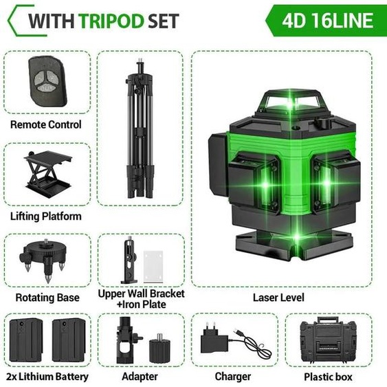 Niveau laser - Laser croisé 16 lignes - Vert 505-520 nm - Auto-nivellement 3° - Avec trépied - Mallette en plastique - Batterie incluse - Or
