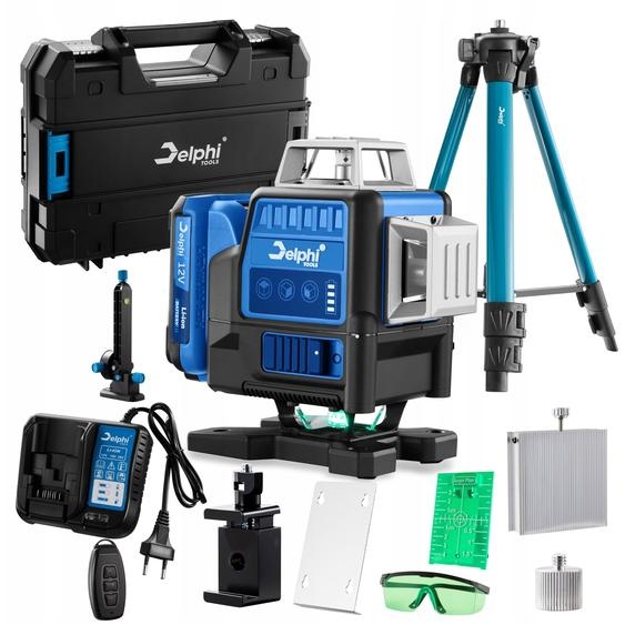 Niveau laser professionnel 4D 360°, vert, 16 lignes, avec trépied et 2 batteries
