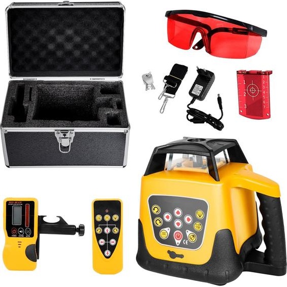 Niveau laser rotatif - Kit laser de chantier - Avec trépied et mire - Portée 300 m - Inclinaison réglable - Rotation à 360° - Angle de balayage - Récepteur et télécommande - Rouge
