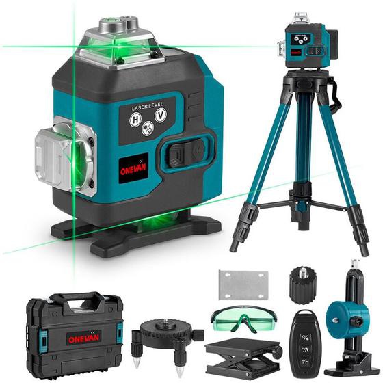 Niveau laser vert 4x360°,16 Lignes 4D Laser Auto-Nivelant Croisée Outil，Portée de travail 25 m,Avec trépied de 1 m et télécommande, deux Batterie et
