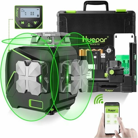 Niveau Laser Vert Huepar S03CG Auto-Nivelant 3D 12 Lignes Écran LCD Outil de Niveau Laser Ligne Croisée 3x360° Bluetooth Faisceau Vert,Ligne Laser