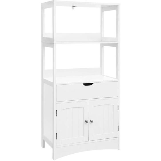 Vasagle - Meuble de Salle de Bain, avec tiroir, 2 Compartiments Ouverts, 2 Portes, Placard 4 étages, 60 x 32,5 x 122 cm, Blanc