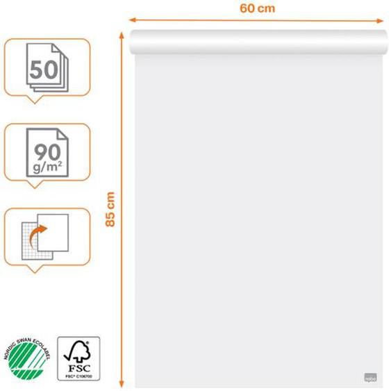 Nobo Recharge chevalet papier blanc 90g - 1 face uni / 1 face quadrillé - L.60 x H.85 cm - Bloc 50 feuilles