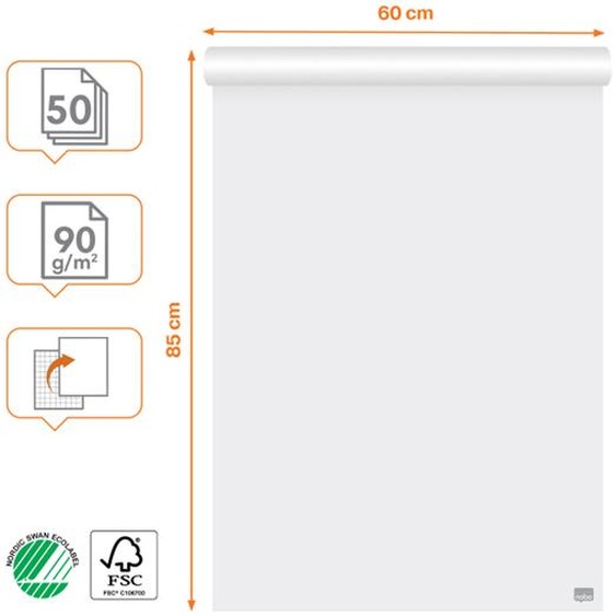 Nobo Recharge chevalet papier blanc 90g - 1 face uni / 1 face quadrillé - L.60 x H.85 cm - Bloc 50 feuilles