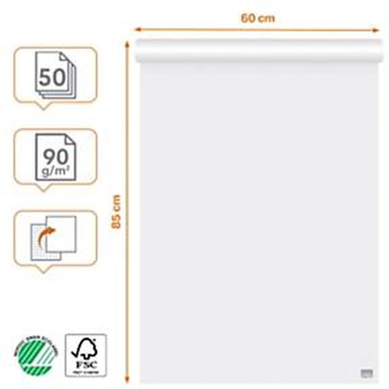 Nobo Recharge chevalet papier blanc 90g - 1 face uni / 1 face quadrillé - L.60 x H.85 cm - Bloc 50 feuilles
