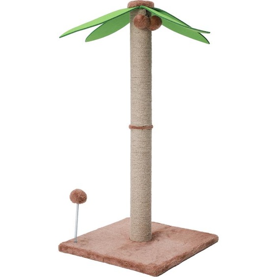 (Noix de coco) Arbre à chat dintérieur, arbre à chat haut avec corde en sisal naturel, jouet à boules suspendu et volant à ressort pour chats et chiens, jouet interactif pour animaux domestiques en bois massif