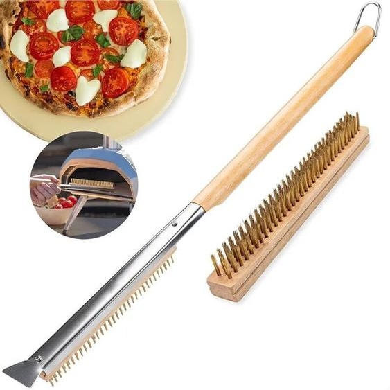 NONE Brosse à pierre pour four à pizza avec raclette 21 pouces, pour nettoyer la pierre entre chaque cuisson, manche long en bois, robuste et facile à utiliser