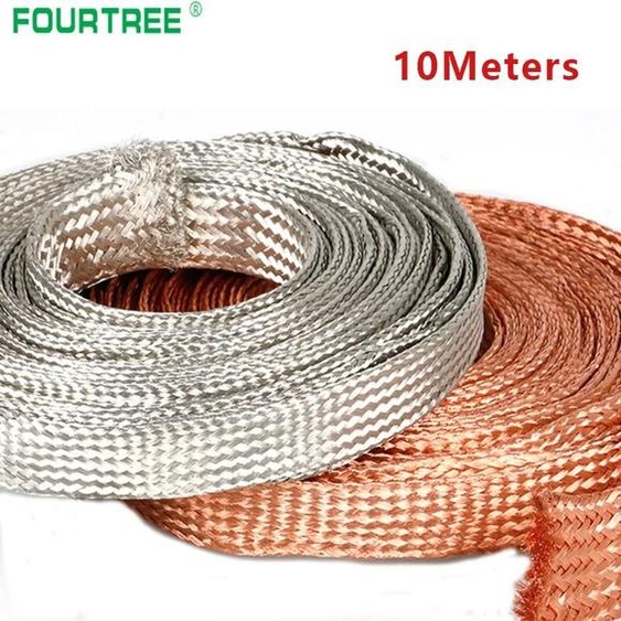 NONE Câble de fil de signal de criblage de gaine métallique, 10 mètres, cuivre pur étamé, tresse de terre nue, fil de plomb, blindé, 1.5-12mm, largeur 4-20mm