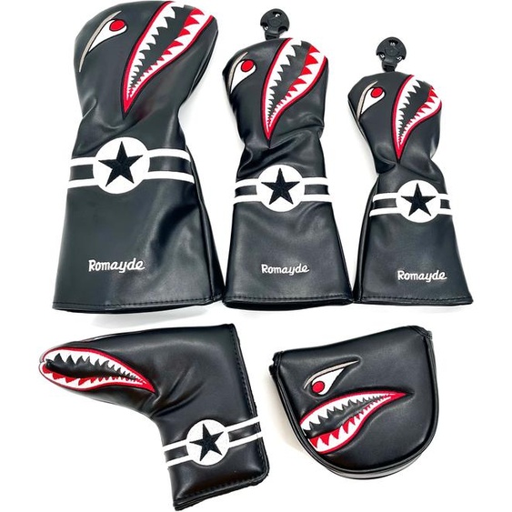 NONE Couvre-tête de Golf en cuir PU et bois, couvre-chef hybride en bois pour conducteur de Golf, motif de dessin animé de requin, manchon de protection pour Club de Golf