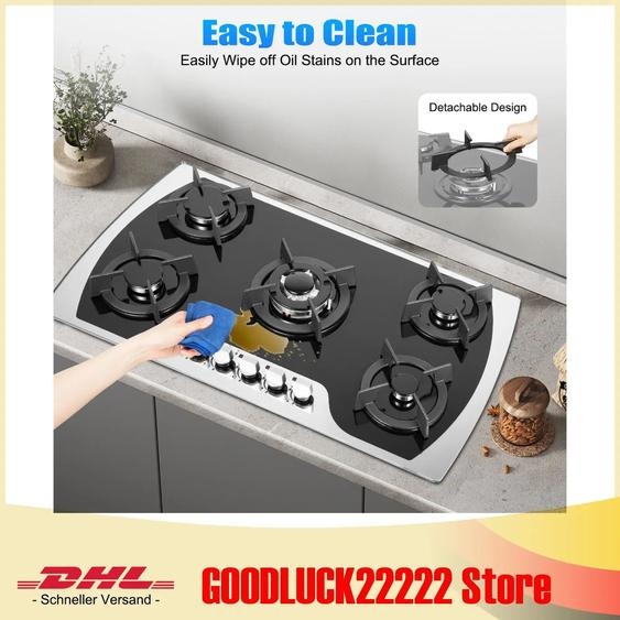 NONE Cuisinière à gaz GPL/NG de cuisine, 5 brûleurs, dessus en verre trempé intégré, dispositif dallumage de batterie pour maisons ou restaurants