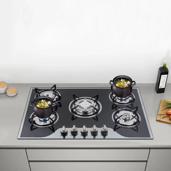 NONE Cuisinière à gaz intégrée à 5 brûleurs, plaque de cuisson à gaz en fonte, cuisinière GPL NG, double carburant, plaque de cuisson à gaz en acier inoxydable