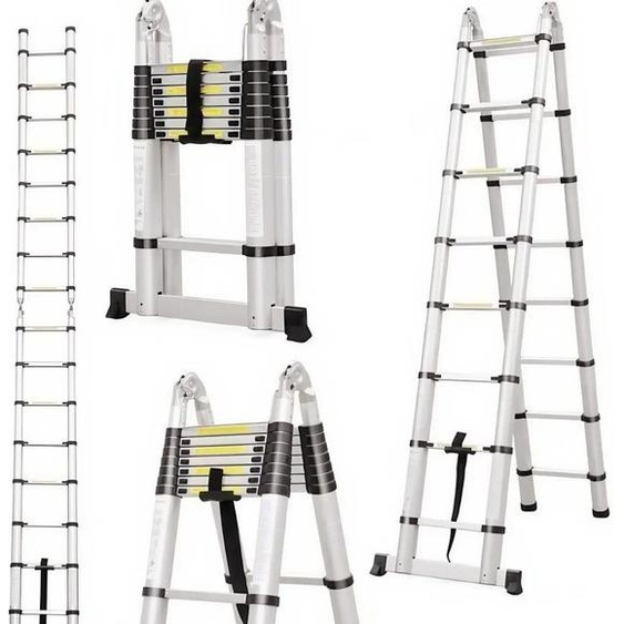 NONE Échelle Pliante Télescopique en Aluminium avec Tige de Support, Échelle en A Double Usage Intérieur/Extérieur, Anti-Vibration Léger pour Professionnel/Domestique (Renforcée)