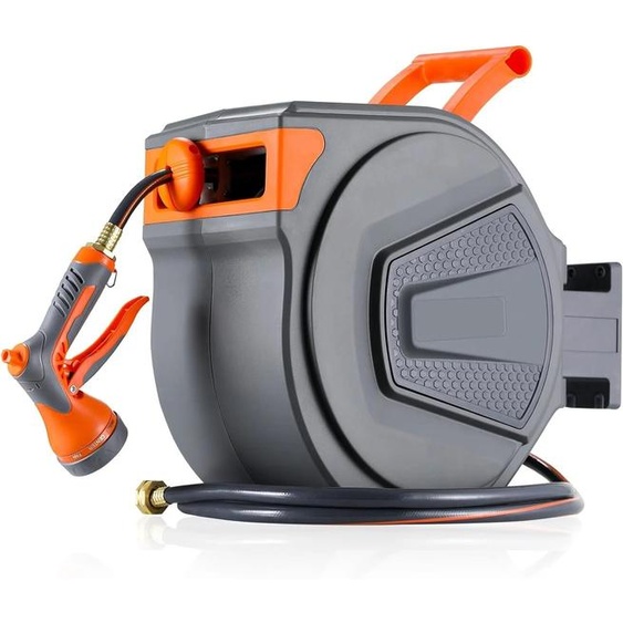 NONE Enrouleur de tuyau darrosage rétractable 20/30M + 2M, résistant aux UV, robuste, automatique, montage mural, raccord 1/2,3/4 pouces, buse à 9 motifs