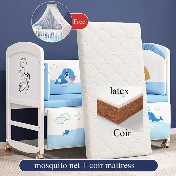 NONE Ensemble complet de berceau de bébé en bois blanc : comprend moustiquaire, literie et matelas en latex naturel/coir avec fonction à bascule