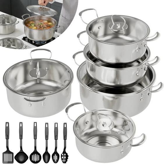 NONE Ensemble de casseroles en acier inoxydable avec spatule et cuillère, compatible avec les plaques à induction et les cuisinières à gaz, ensemble de cuisine