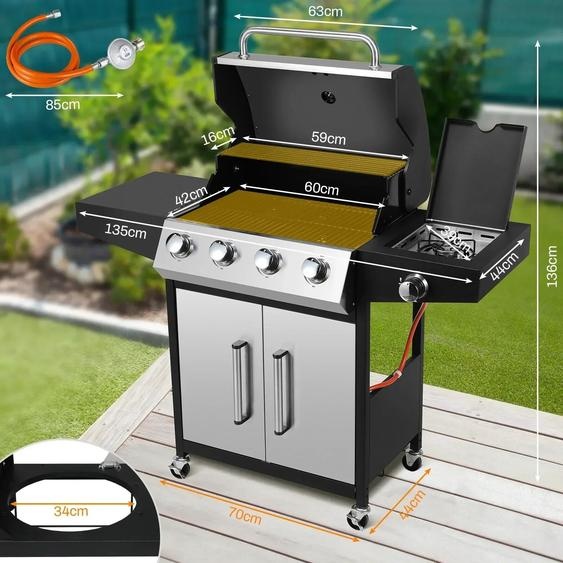 NONE Gril à gaz 4 + 1 brûleur avec brûleur latéral 52,000 BTU, grande zone de cuisson, barbecue au propane avec panneau en acier inoxydable pour lextérieur