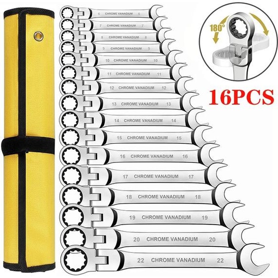 NONE Jeu de clés combinées à cliquet, clé à cliquet à tête flexible métrique de 6 à 23 mm, clé en acier au chrome vanadium avec clé à sac